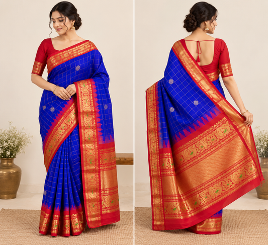 Royal Blue Semi Gadwal Saree with Big Border
